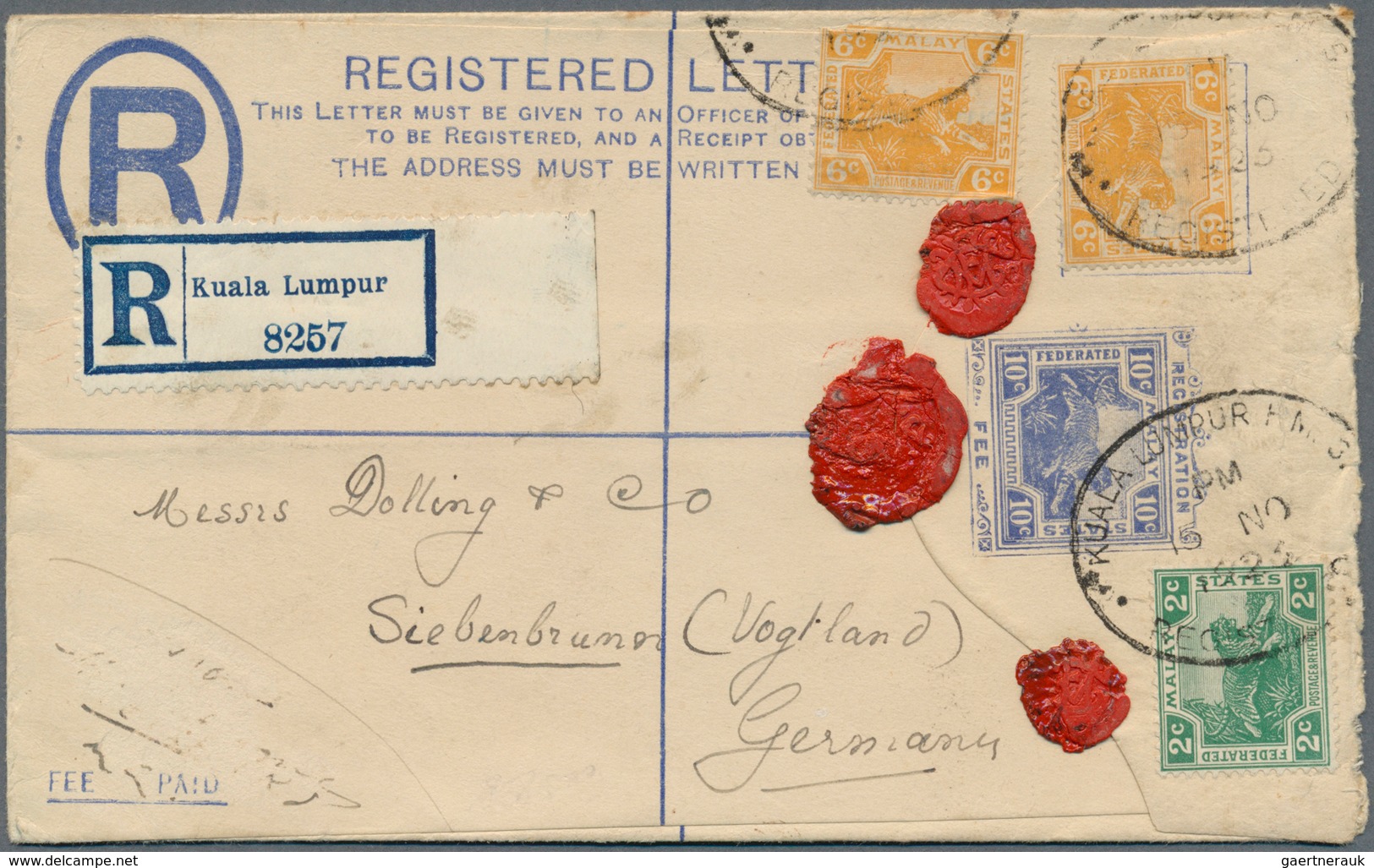 05580 Malaiischer Staatenbund: 1923 (15.11.), Registered Letter 'Tiger' 10c. Blue Uprated With Tiger 2c. G - Federated Malay States