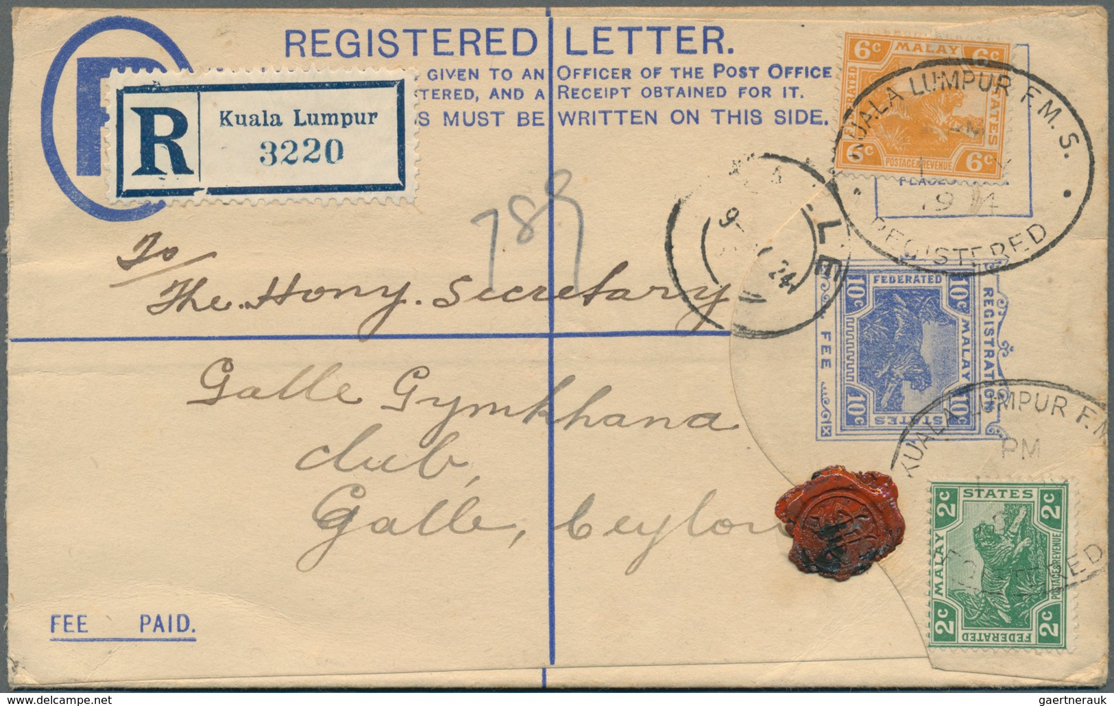 05581 Malaiischer Staatenbund: 1924 (1.5.), Registered Letter 'Tiger' 10c. Blue Uprated With Tiger 2c. Gre - Federated Malay States