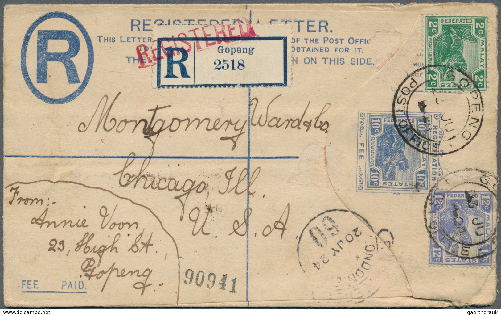 05582 Malaiischer Staatenbund: 1924, 10 C Ultramarine Tiger Registered Pse Uprated With 2 C Green And 12 C - Federated Malay States