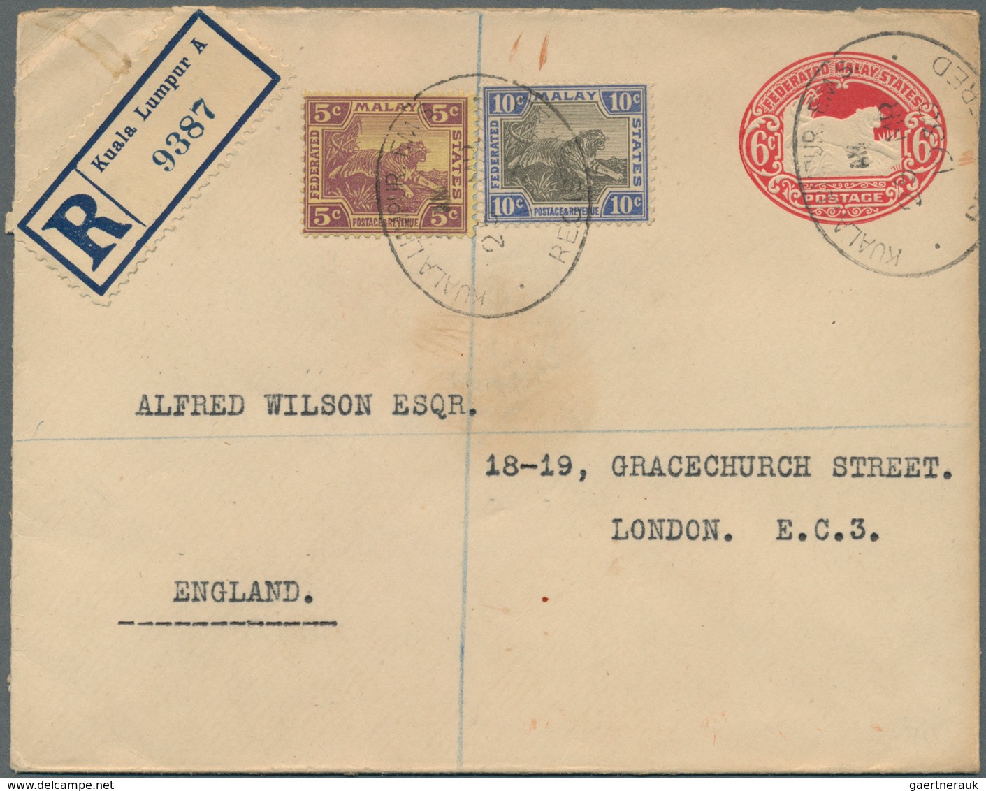 05584 Malaiischer Staatenbund: 1930 (25.3.), Stat. Envelope 'Tiger In Embossed Oval' 6c. Red Uprated With - Federated Malay States