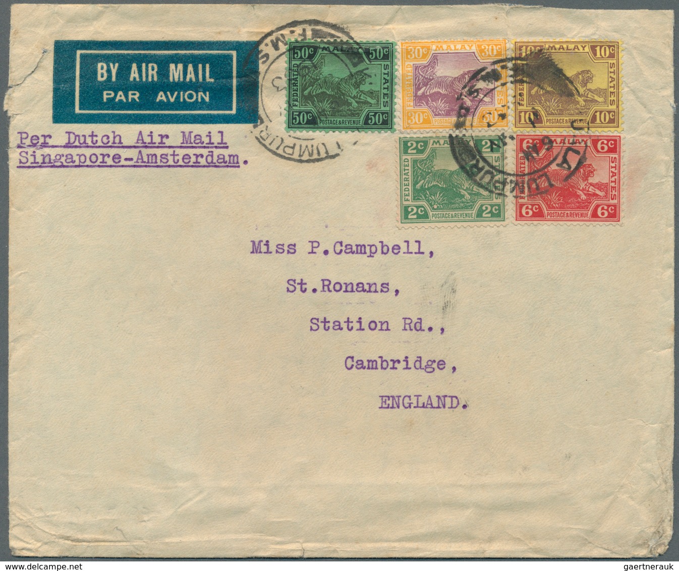 05590 Malaiischer Staatenbund: 1933 (31.5.), Airmail Cover Headed 'Per Dutch Air Mail Singapore-Amsterdam' - Federated Malay States