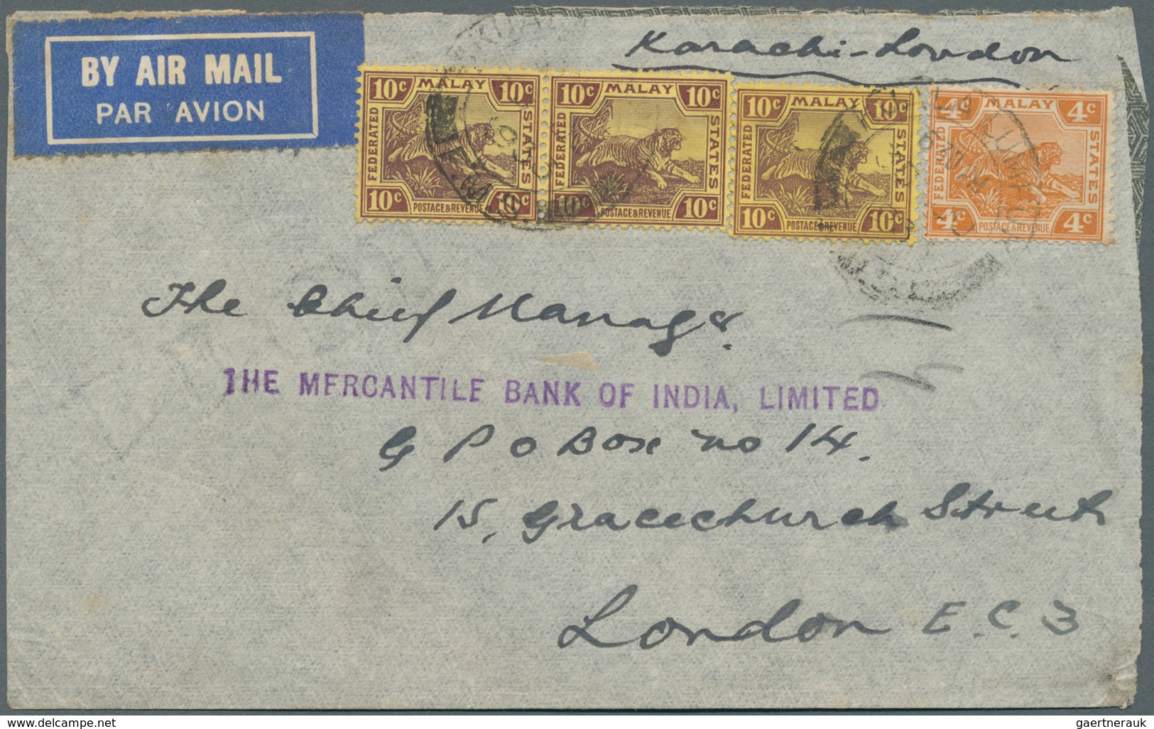 05591 Malaiischer Staatenbund: 1933 (30.6.), Airmail Cover Endorsed 'Karachi - London' Bearing Tiger 10c. - Federated Malay States