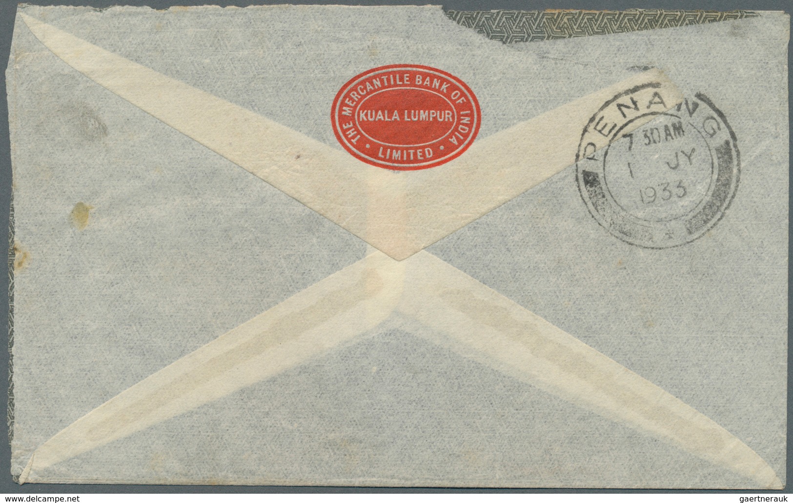 05591 Malaiischer Staatenbund: 1933 (30.6.), Airmail Cover Endorsed 'Karachi - London' Bearing Tiger 10c. - Federated Malay States