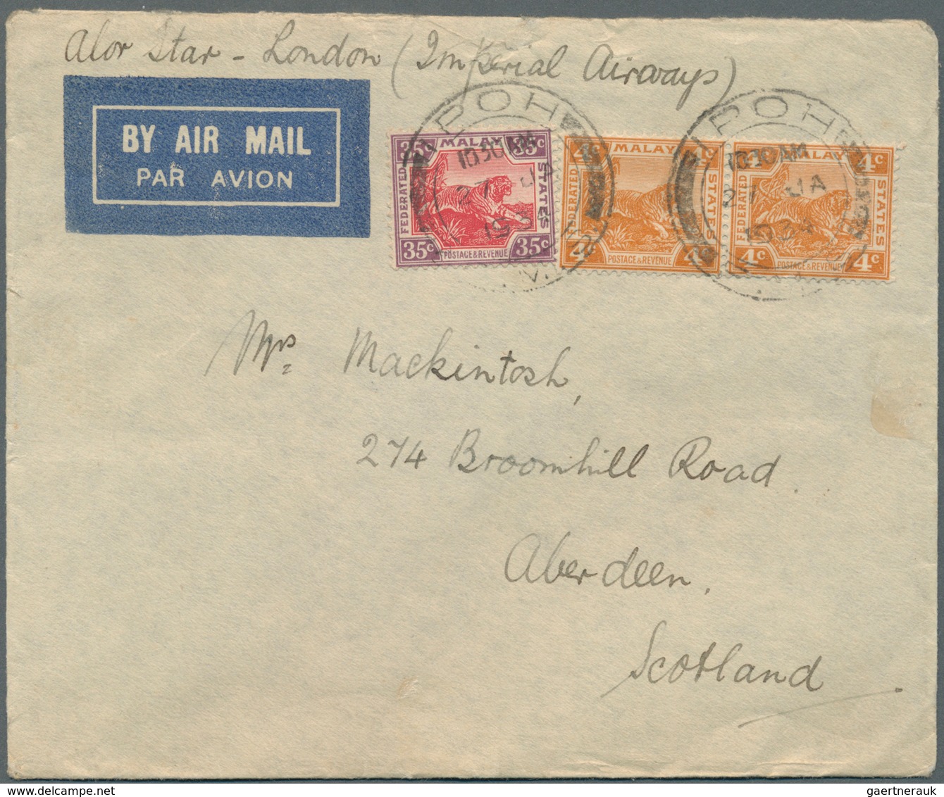 05595 Malaiischer Staatenbund: 1934 (27.1.), Airmail Cover Endorsed 'Alor Star - London (Imperial Airways) - Federated Malay States