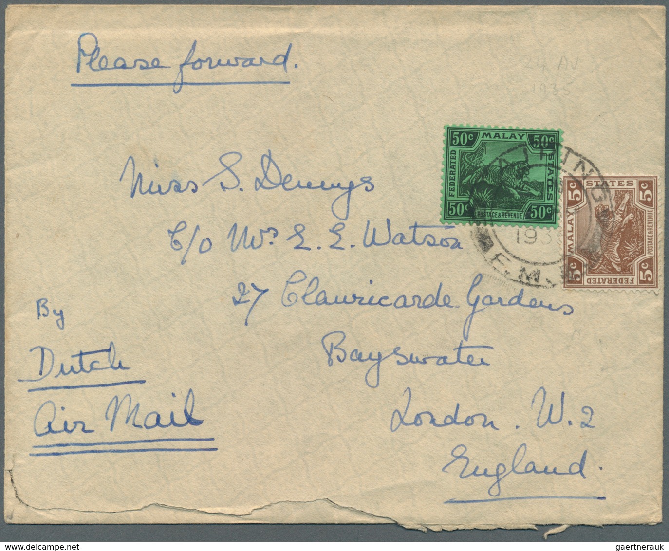 05596 Malaiischer Staatenbund: 1934/1938, Three Airmail Covers Endorsed 'By Dutch Air Mail' With Two Beari - Federated Malay States