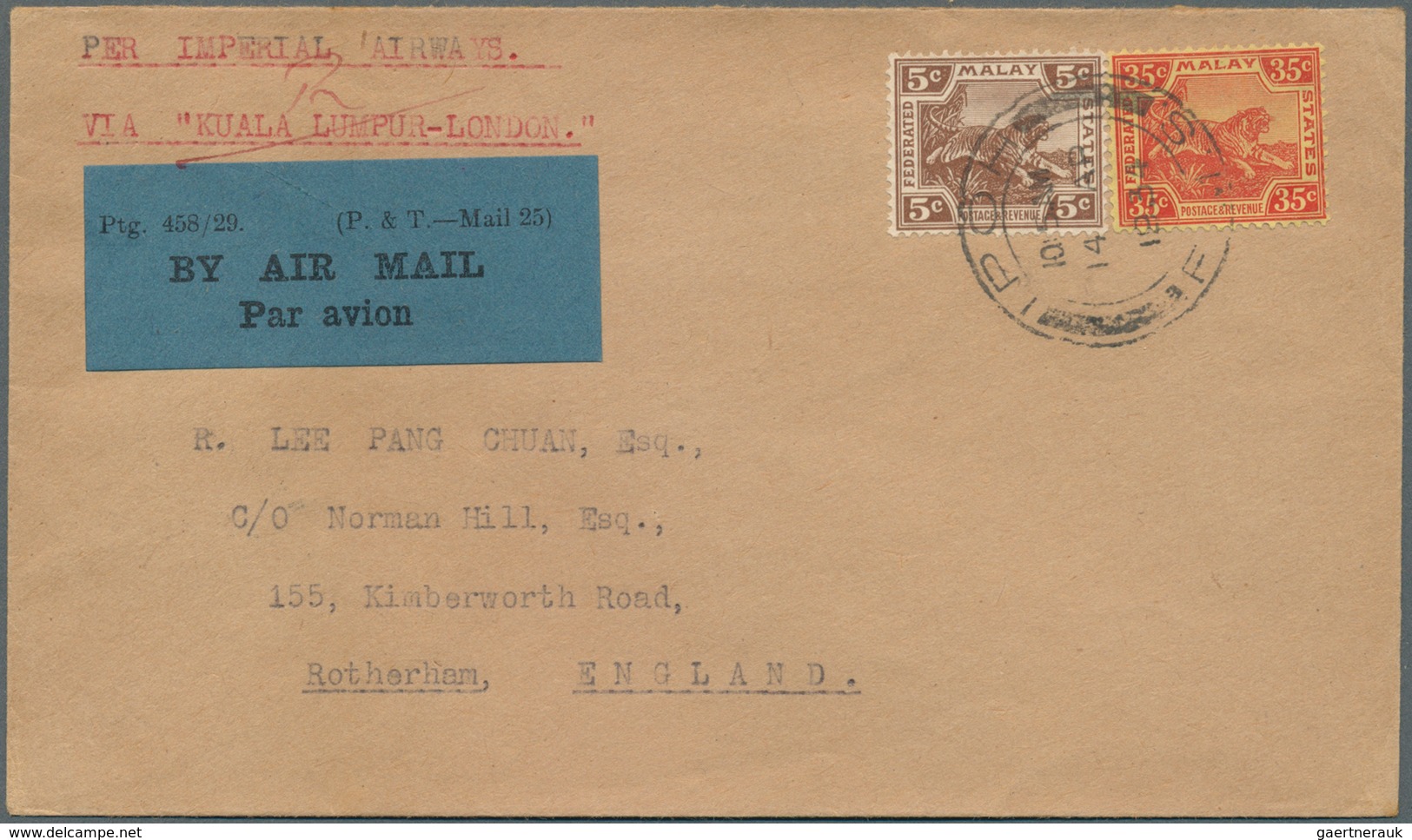 05598 Malaiischer Staatenbund: 1934 (14.4.), Tiger 35c. Scarlet On Yellow And 5c. Brown Used On Airmail Co - Federated Malay States