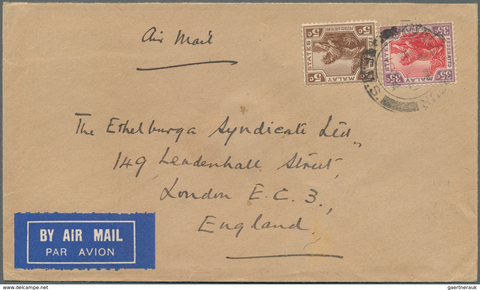 05600 Malaiischer Staatenbund: 1934, Three 'Imperial Airways' Airmail Covers Bearing Tiger Stamps At 40c. - Federated Malay States