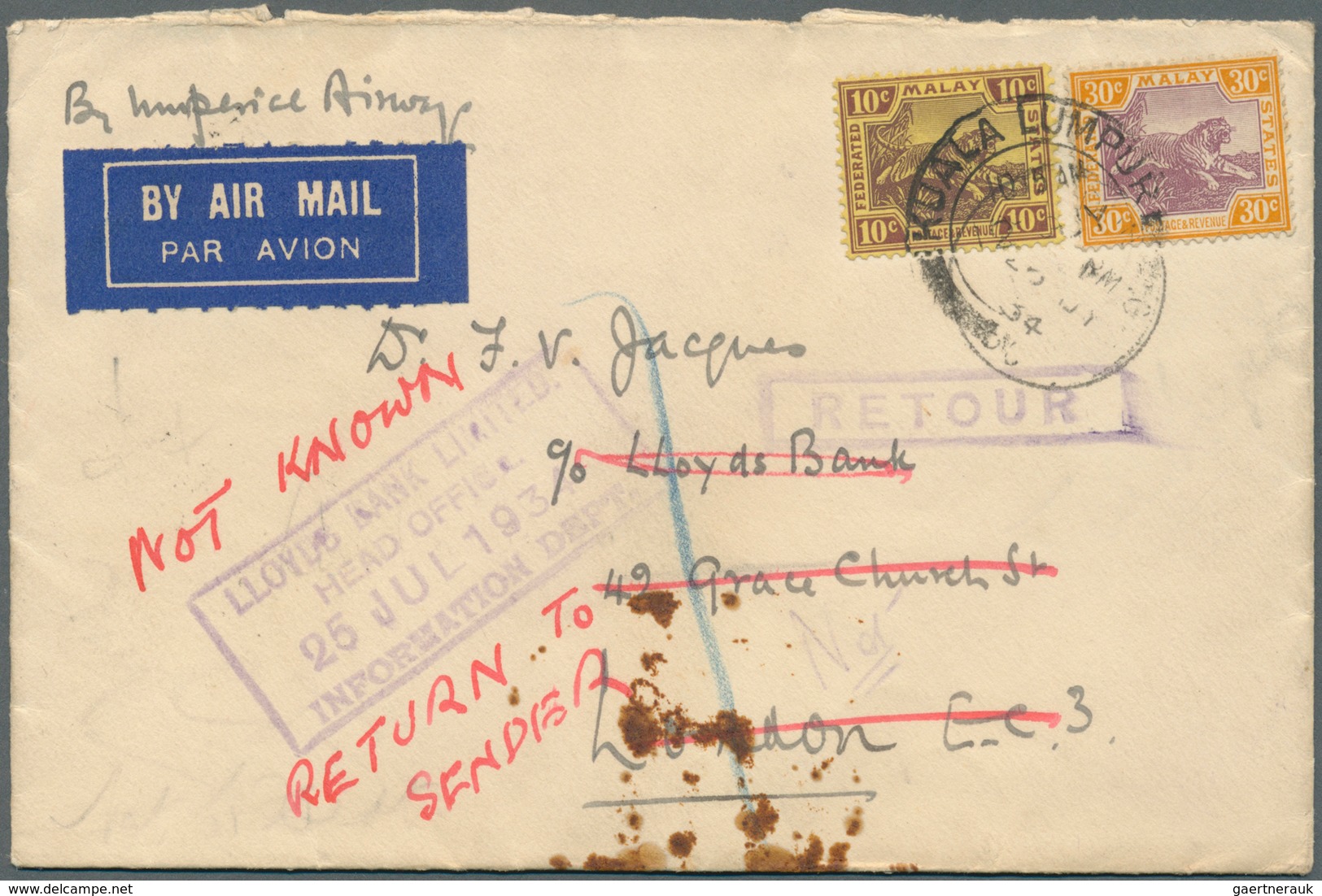 05600 Malaiischer Staatenbund: 1934, Three 'Imperial Airways' Airmail Covers Bearing Tiger Stamps At 40c. - Federated Malay States