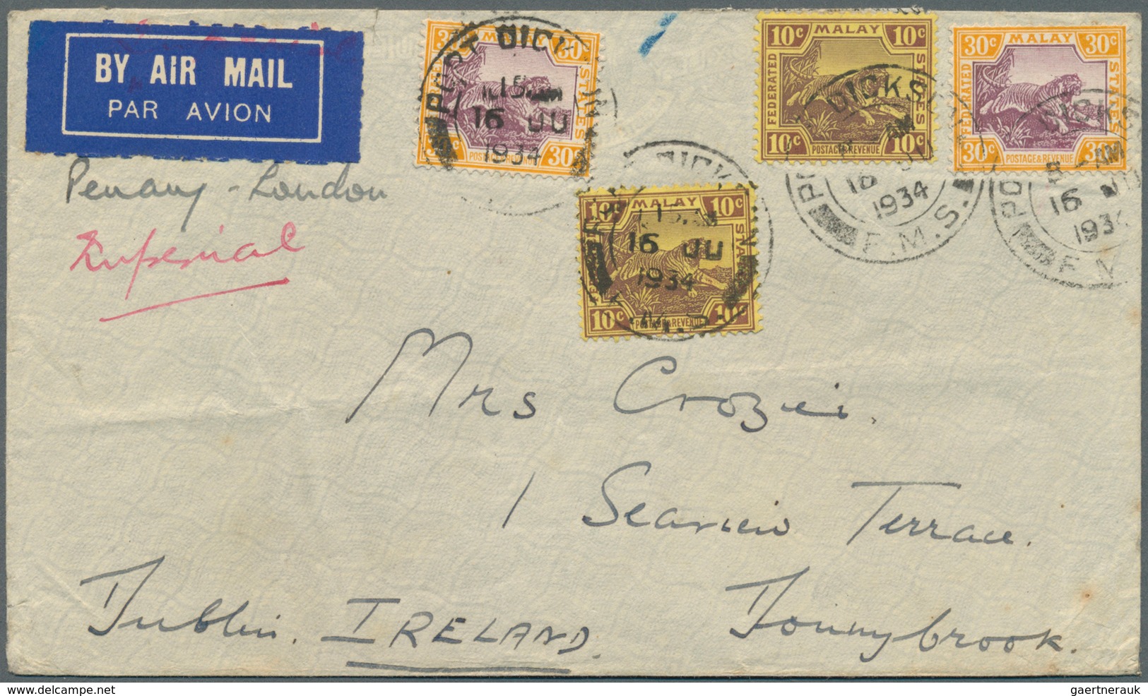 05601 Malaiischer Staatenbund: 1934 (16.6.), Airmail Cover Endorsed 'Penang - London / Imperial' Bearing 1 - Federated Malay States