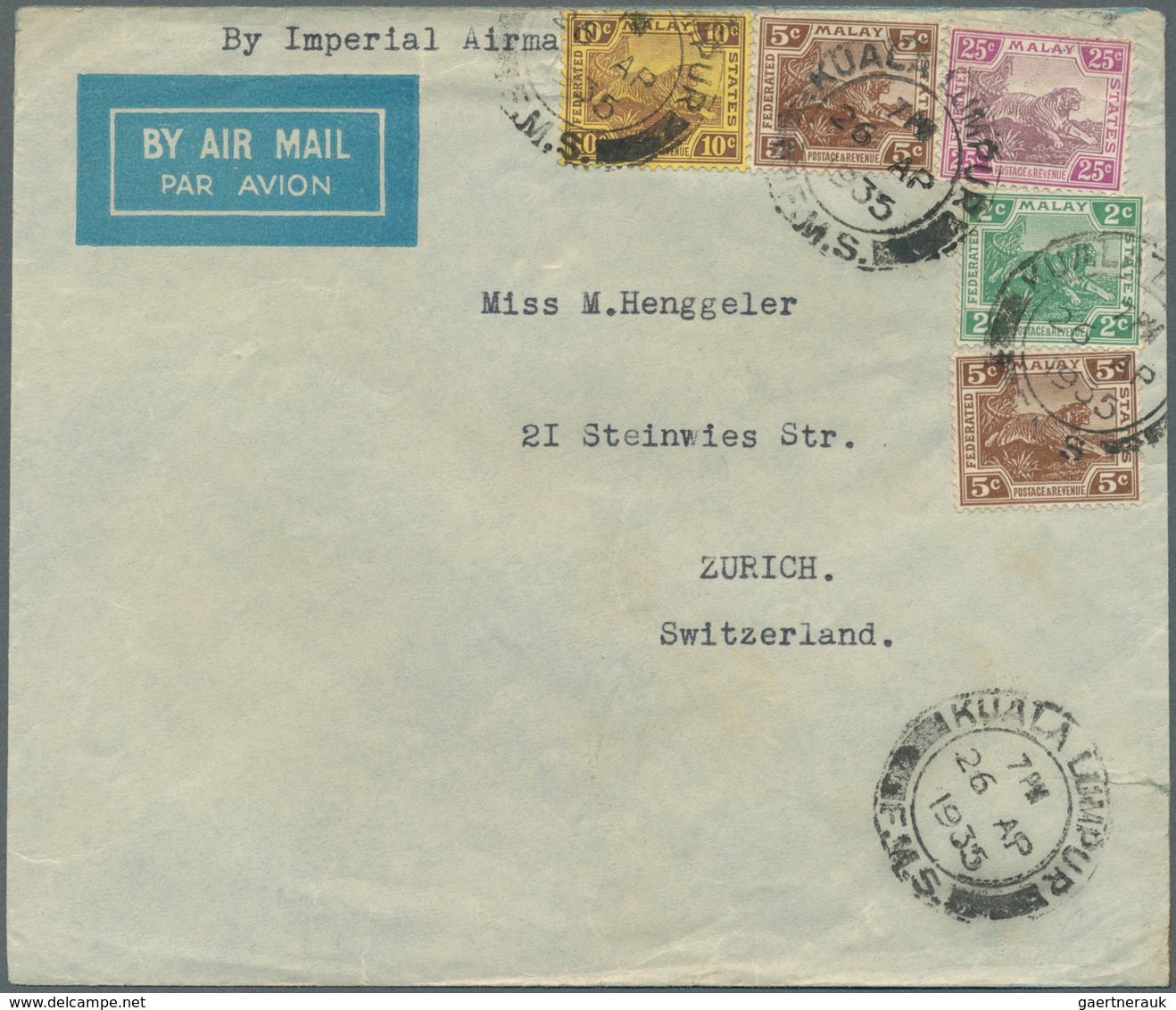 05605 Malaiischer Staatenbund: 1935 (26.4.), Airmail Cover Headed 'By Imperial Airmail' With Five Tiger St - Federated Malay States