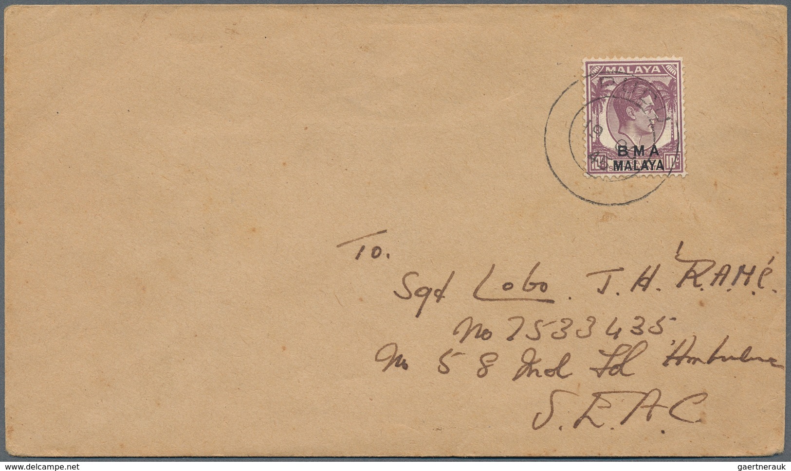 05624 Malaiische Staaten - Britische Militärverwaltung: 1945, 10 C Purple KGVI, Single Franking On FIRST D - Malaya (British Military Administration)