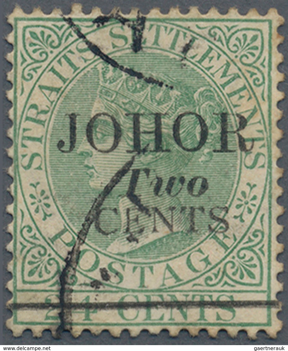 05637 Malaiische Staaten - Johor: 1891 2c. On 24c. Green, Ovpt. Type 17, Variety "Thin, Narrow J", Used An - Johore