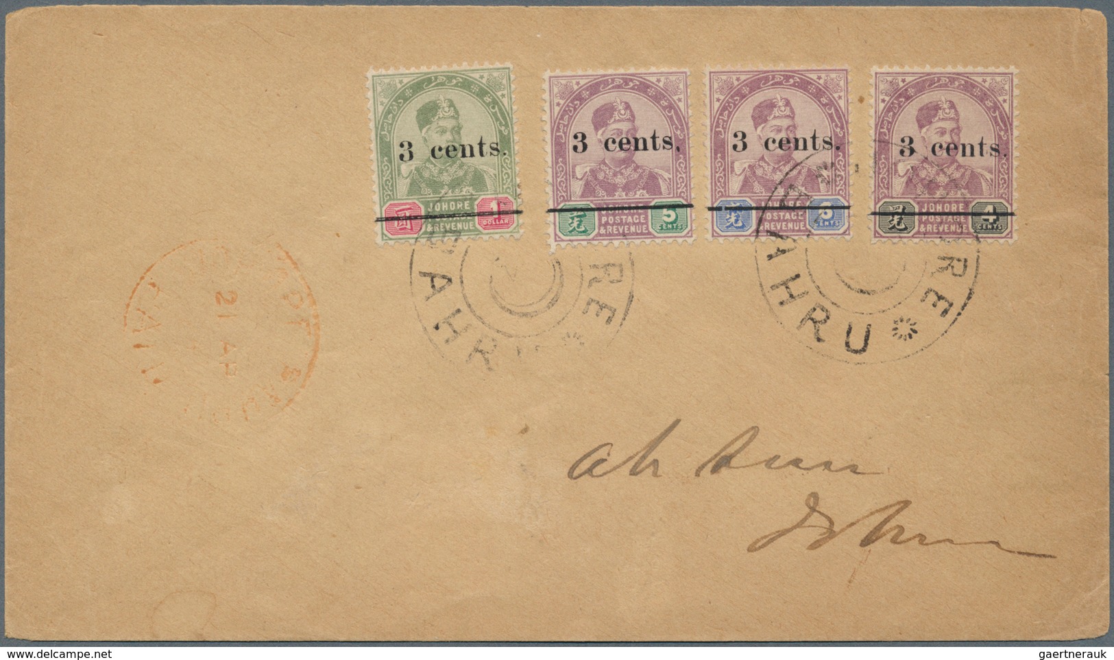 05640 Malaiische Staaten - Johor: 1894, Sultan Abu Bakar Complete Surcharges Set Of Four Used On Local Cov - Johore