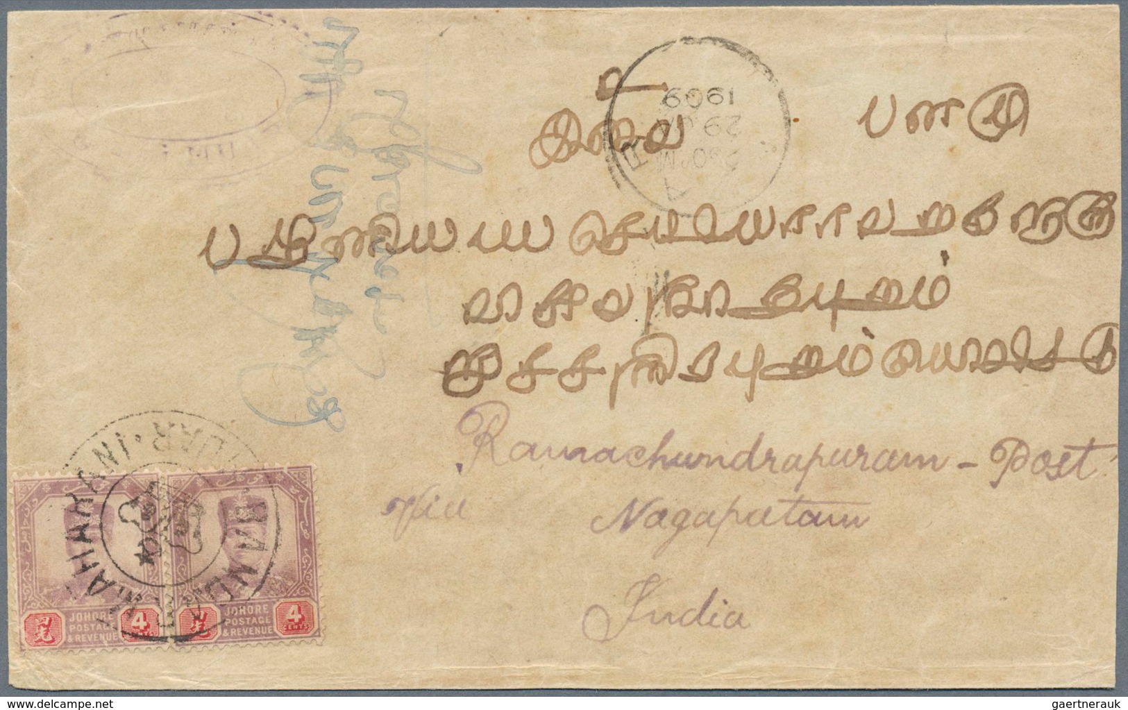 05654 Malaiische Staaten - Johor: 1909, 4c. Dull Purple/carmine, Two Copies On Cover From "BANDAR MAHARANI - Johore