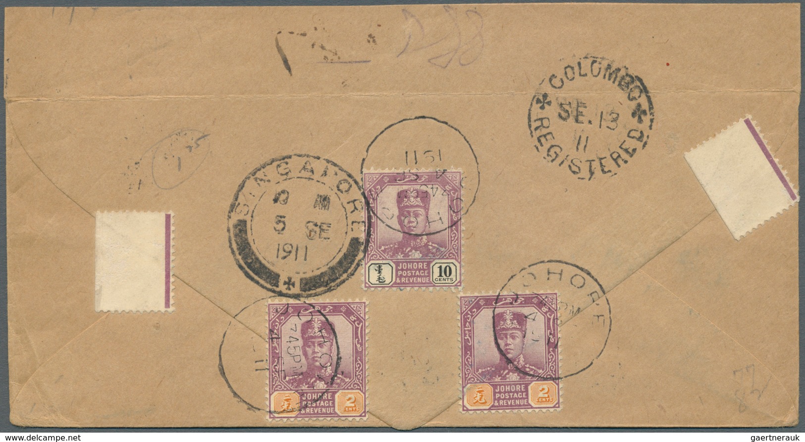 05657 Malaiische Staaten - Johor: 1911 Registered Cover From Johore Bahru To Colombo, Ceylon Franked On Th - Johore