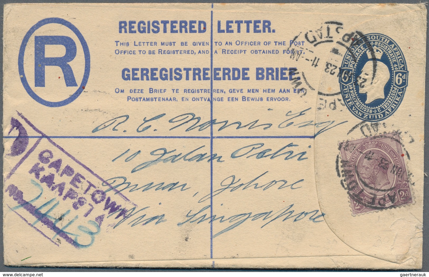 05680 Malaiische Staaten - Johor: 1923, INCOMING MAIL, South Africa: 6 D Blue KGV Registered Pse Uprated W - Johore