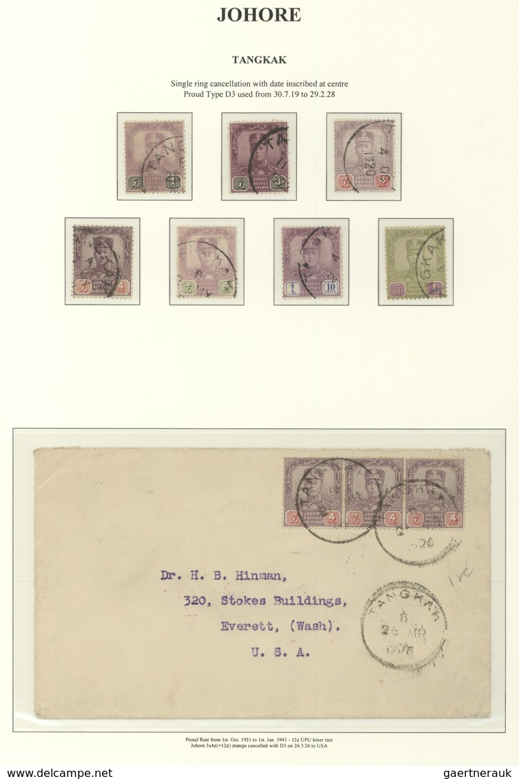 05684 Malaiische Staaten - Johor: 1926, TANGKAK: Sultan Sir Ibrahim 4c. Purple/carmine Strip/3 Used On Cov - Johore