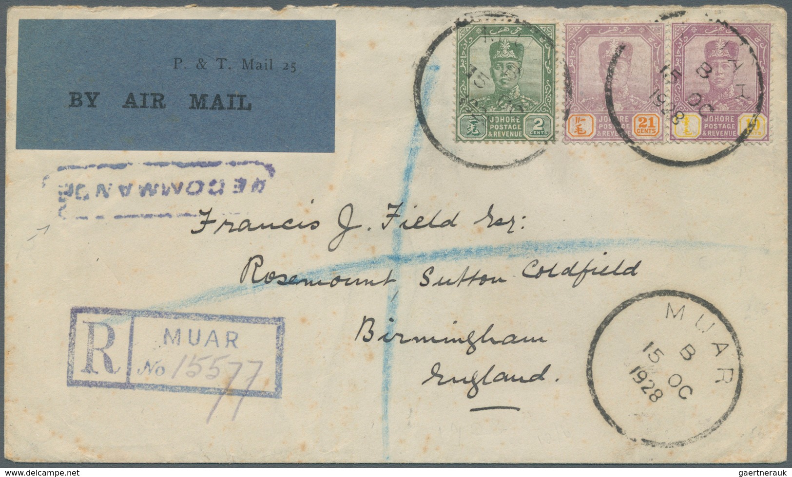 05687 Malaiische Staaten - Johor: 1928 Registered Airmail Cover From MUAR To Birmingham Via Penang And Lon - Johore