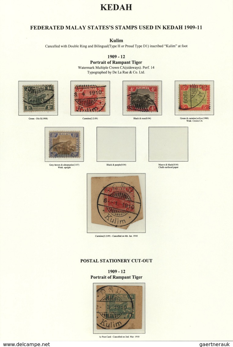05822 Malaiische Staaten - Kedah: 1909-12 KULIM: Six Stamps And A Postal Stationery Cut-off Of Fed. Malay - Kedah