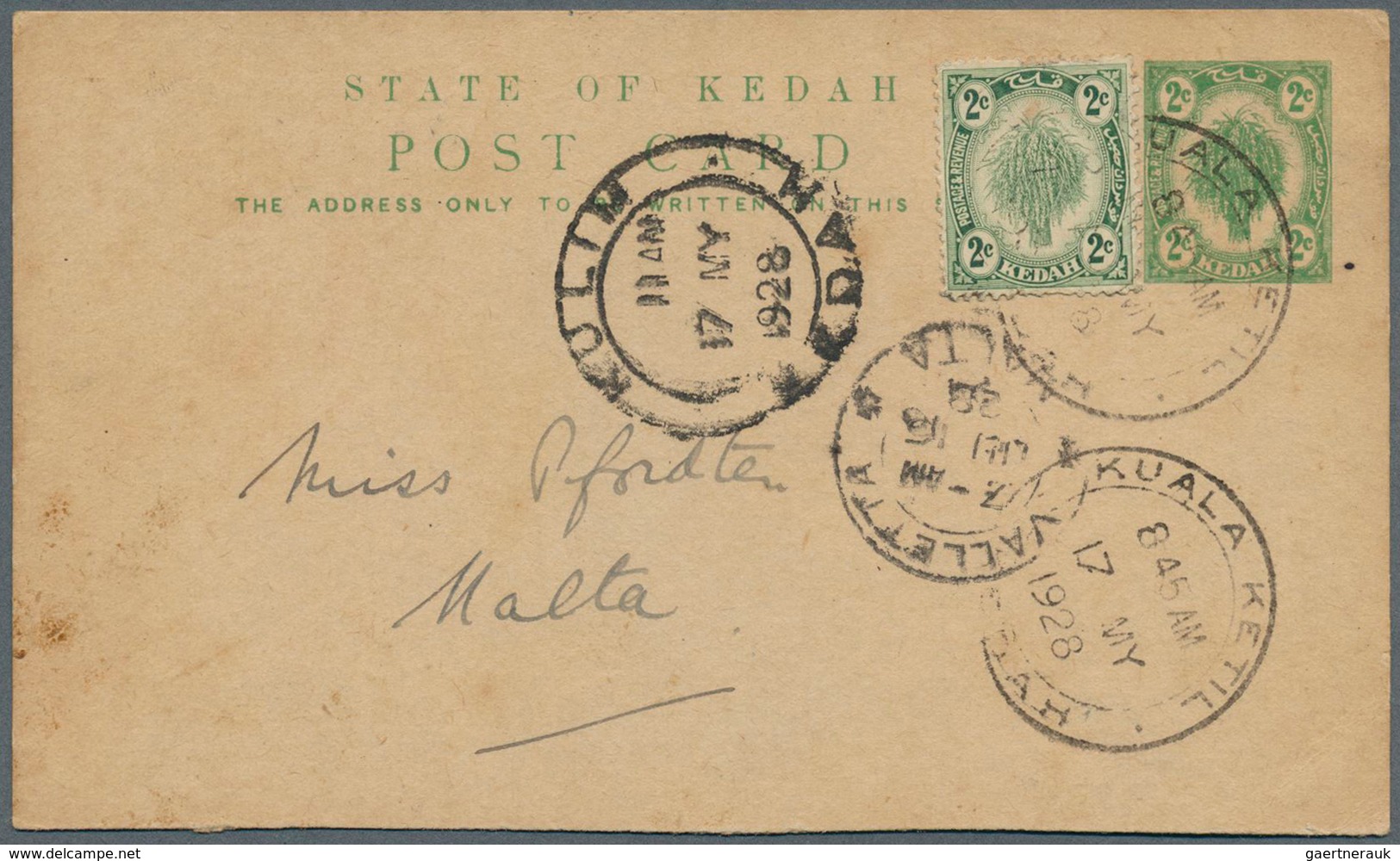 05834 Malaiische Staaten - Kedah: 1917/28, Two Stationery Cards To Malta Island: 3 C. Tied "LUNAS 15 FE 19 - Kedah