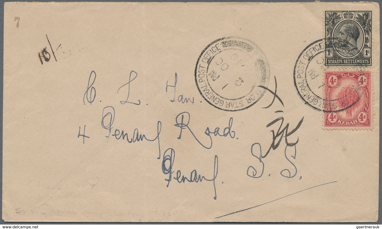 05843 Malaiische Staaten - Kedah: 1919 (2.10.), Sheaf Of Rice 4c. Rose In Combination With Straits Settlem - Kedah