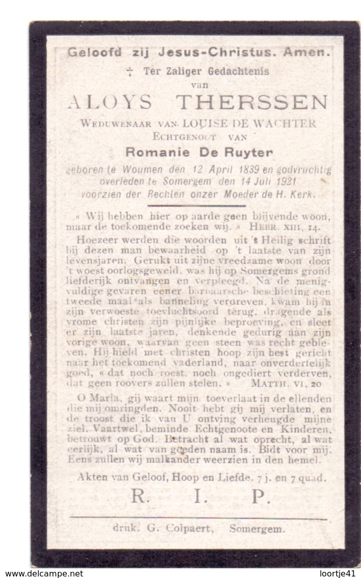 Devotie Doodsprentje Overlijden - Aloys Therssen - Woumen 1839 - Zomergem 1921 - Décès