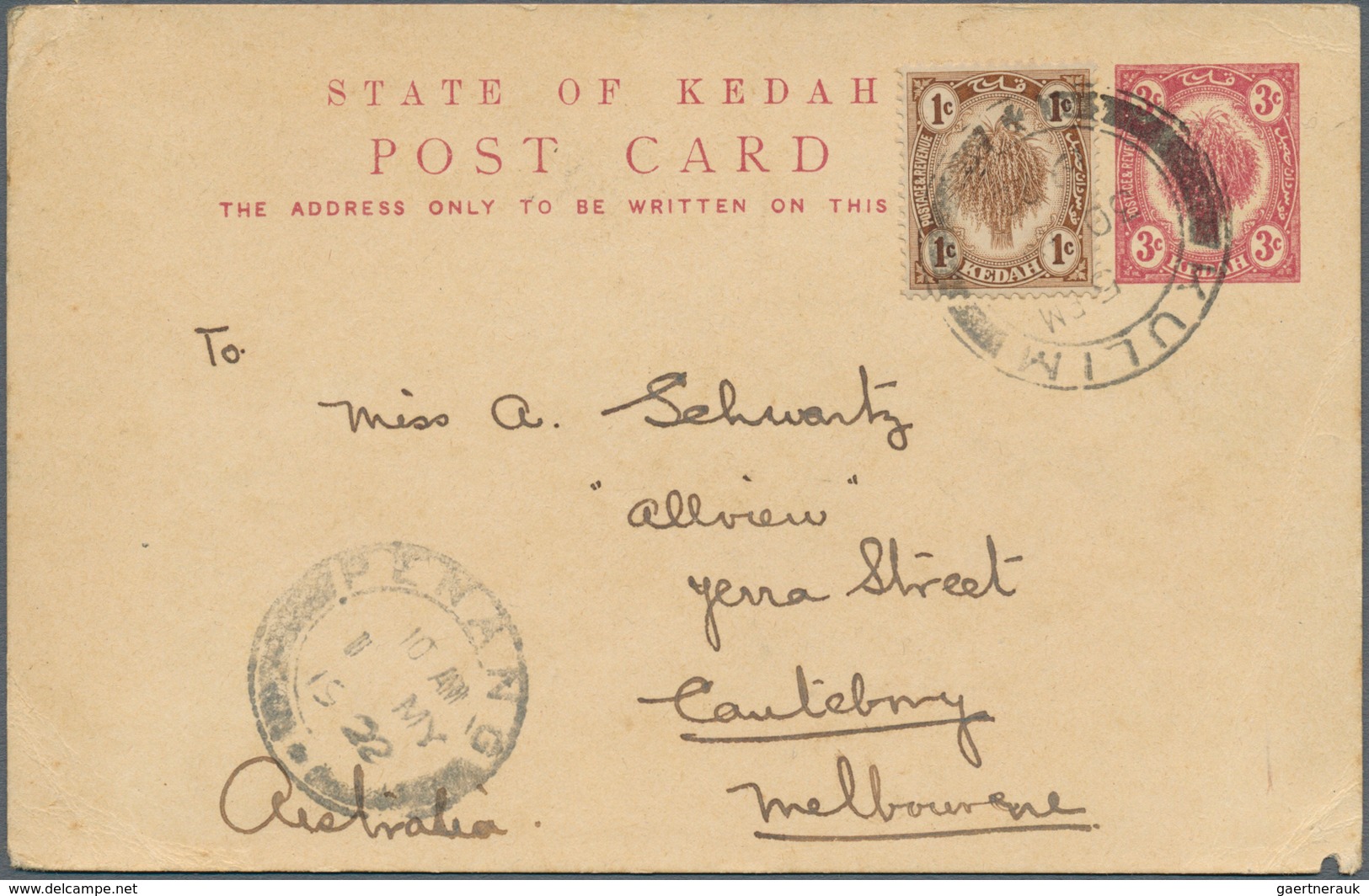 05850 Malaiische Staaten - Kedah: 1922, 3 C Purple Psc Uprated With 1 C Brown From KULIM, 30 AP 22, Via Tr - Kedah