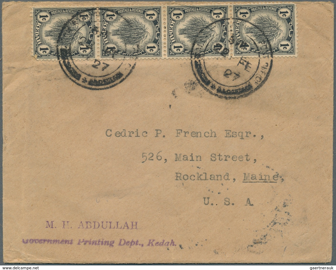 05867 Malaiische Staaten - Kedah: 1927 (22.2.), Sheaf Of Rice 1c. Black Vert. Strip/4 On Front And 2c. Gre - Kedah