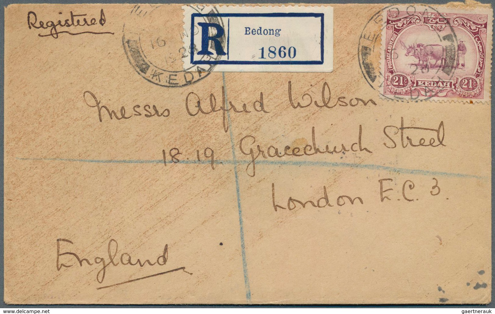 05873 Malaiische Staaten - Kedah: 1928, 21 C. Tied "BEDONG KEDAH 16 NO 28" Ro Registered Cover To London, - Kedah
