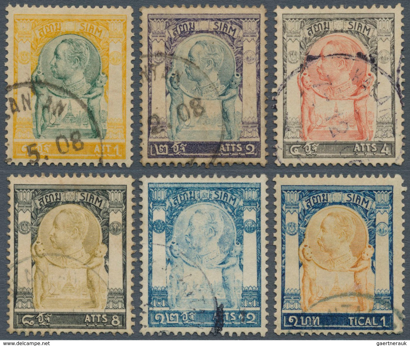 05961 Malaiische Staaten - Kelantan: 1905-1909: Short Set Of Six SIAM 'Temple Of Light' Stamps Used At Kot - Kelantan