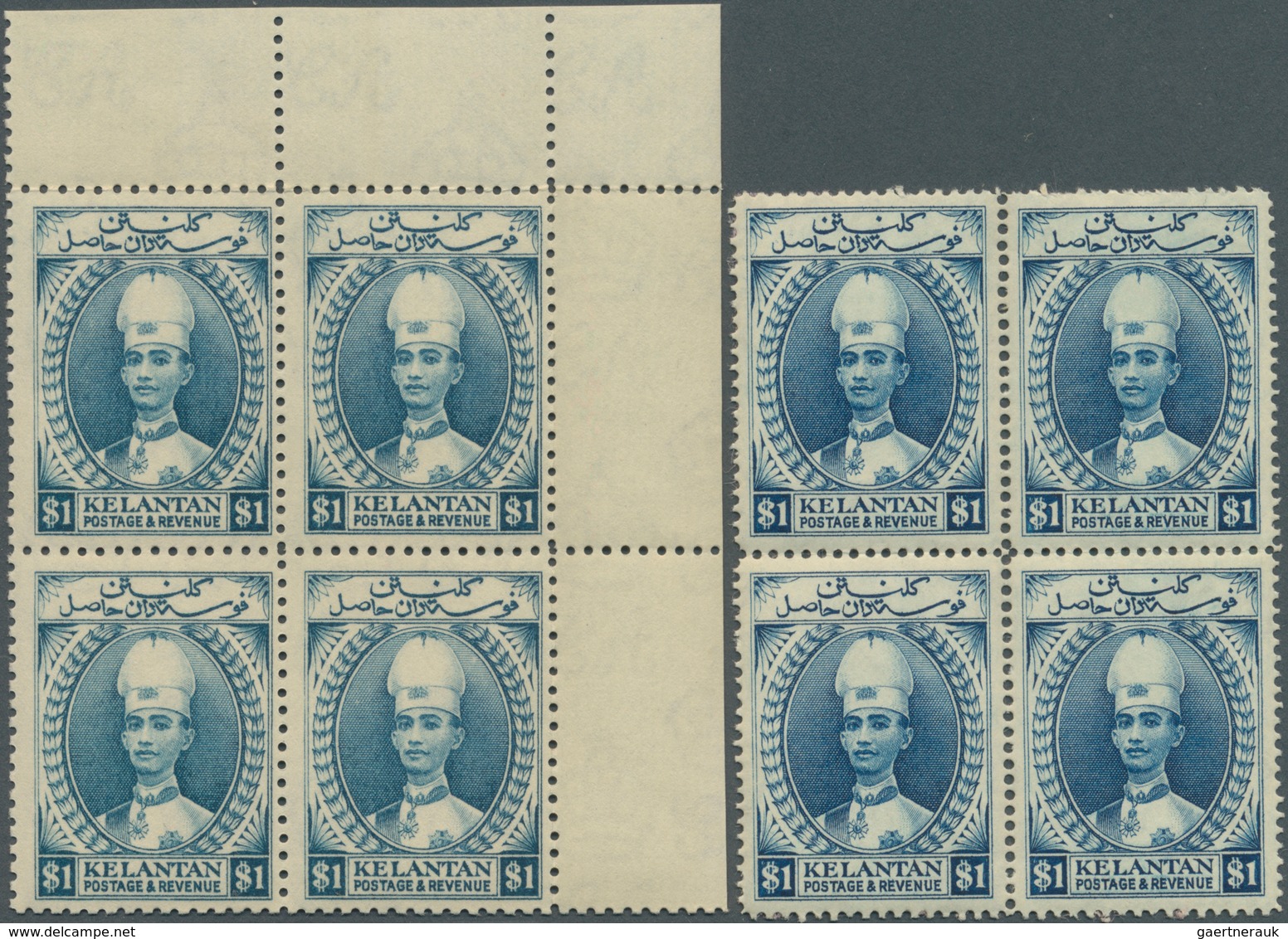 05988 Malaiische Staaten - Kelantan: 1928, Sultan Ismail $1 Blue Perf. 12 Block/4 From Upper Left Corner M - Kelantan