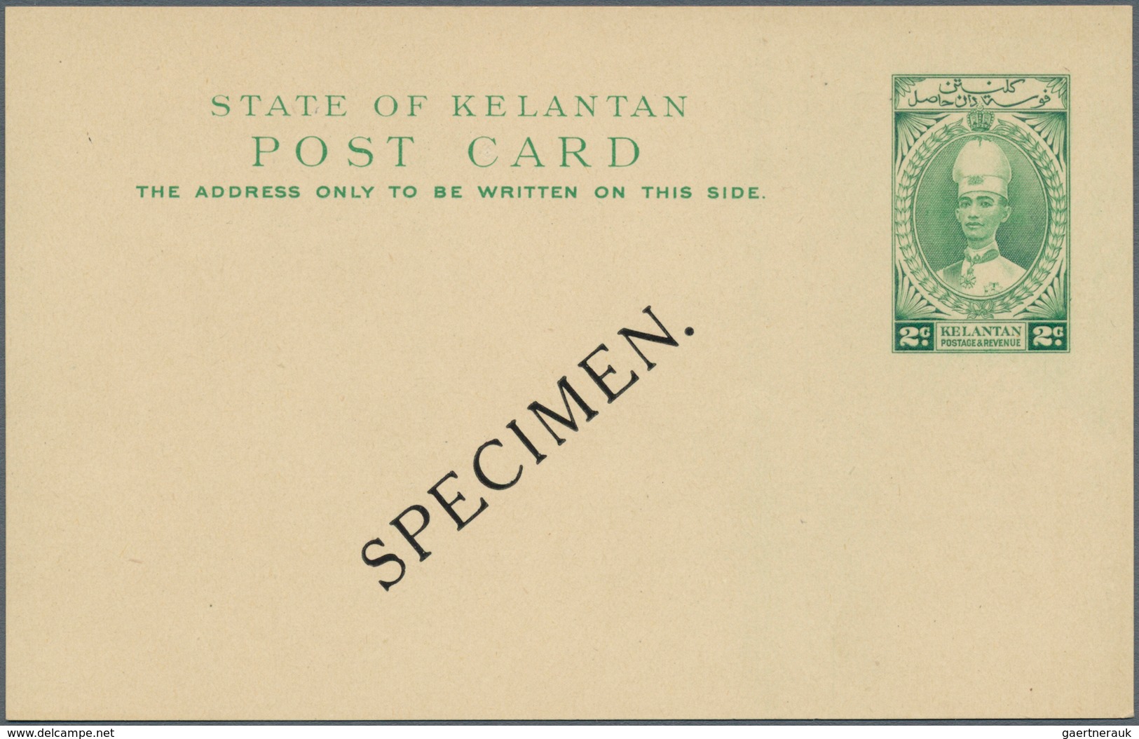05997 Malaiische Staaten - Kelantan: 1937, 2 C Green Sultan Ismail Postal Stationery Card, Diagonal Ovp "S - Kelantan