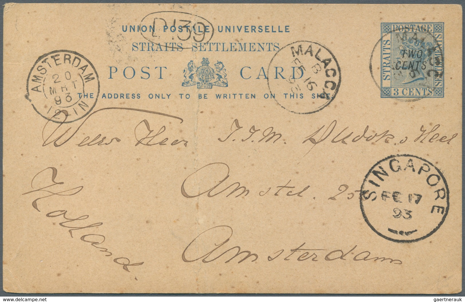 06036 Malaiische Staaten - Malakka: 1891 Postal Stationery Card 2c. On 3c. Blue Of Straits Settlements Use - Malacca