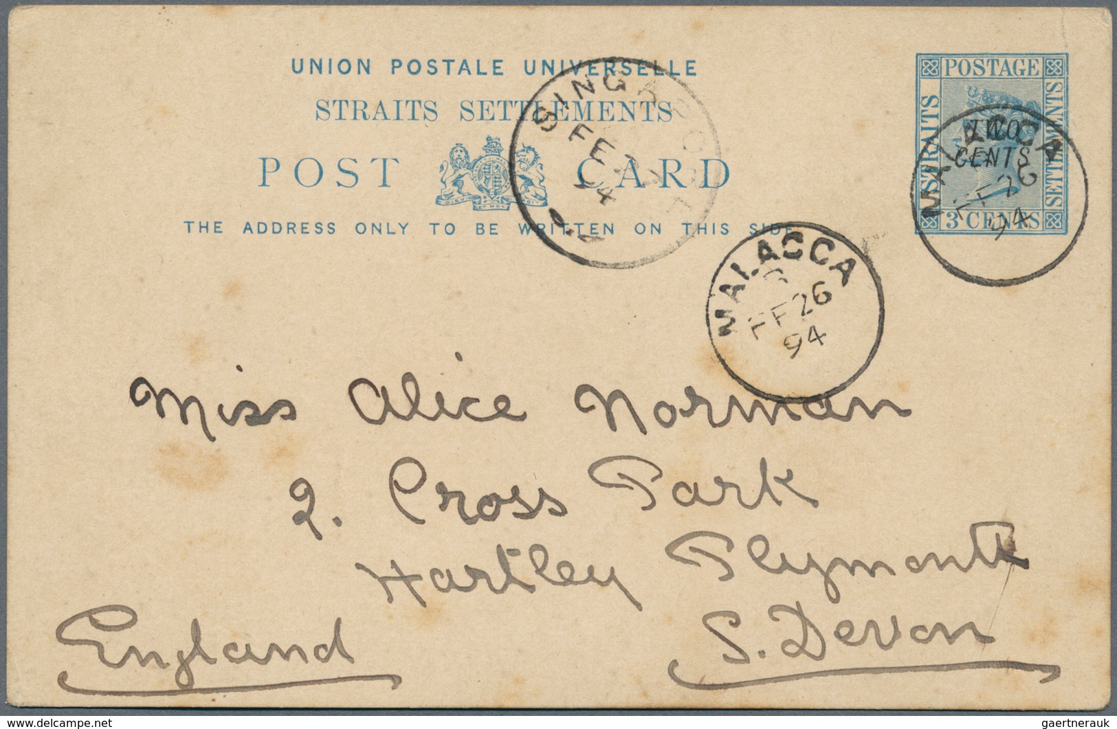 06038 Malaiische Staaten - Malakka: 1894 (26.2.), Straits Settlements Stat. Postcard QV. 3c. Blue Surch. ' - Malacca