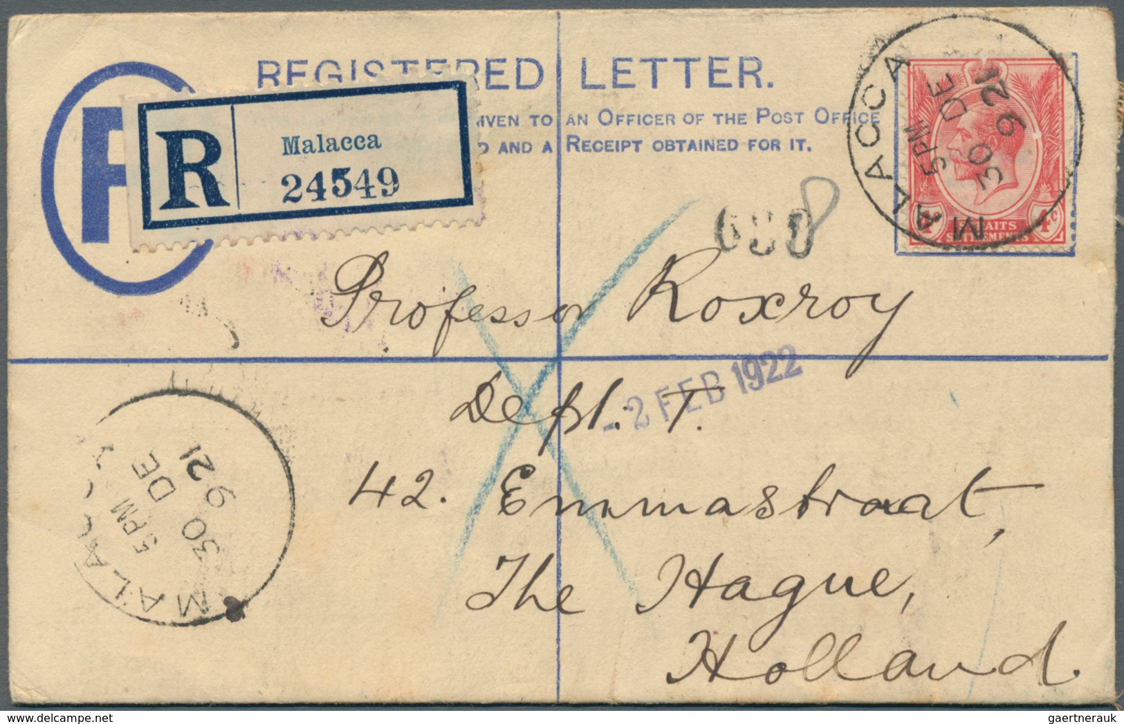 06042 Malaiische Staaten - Malakka: 1912 Postal Stationery Registered Envelope 10c. Of Straits Used To The - Malacca