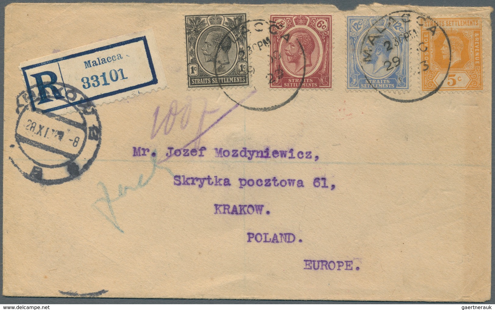 06046 Malaiische Staaten - Malakka: 1923 Destination POLAND: Registered Cover From Malacca To Krakow, Pola - Malacca