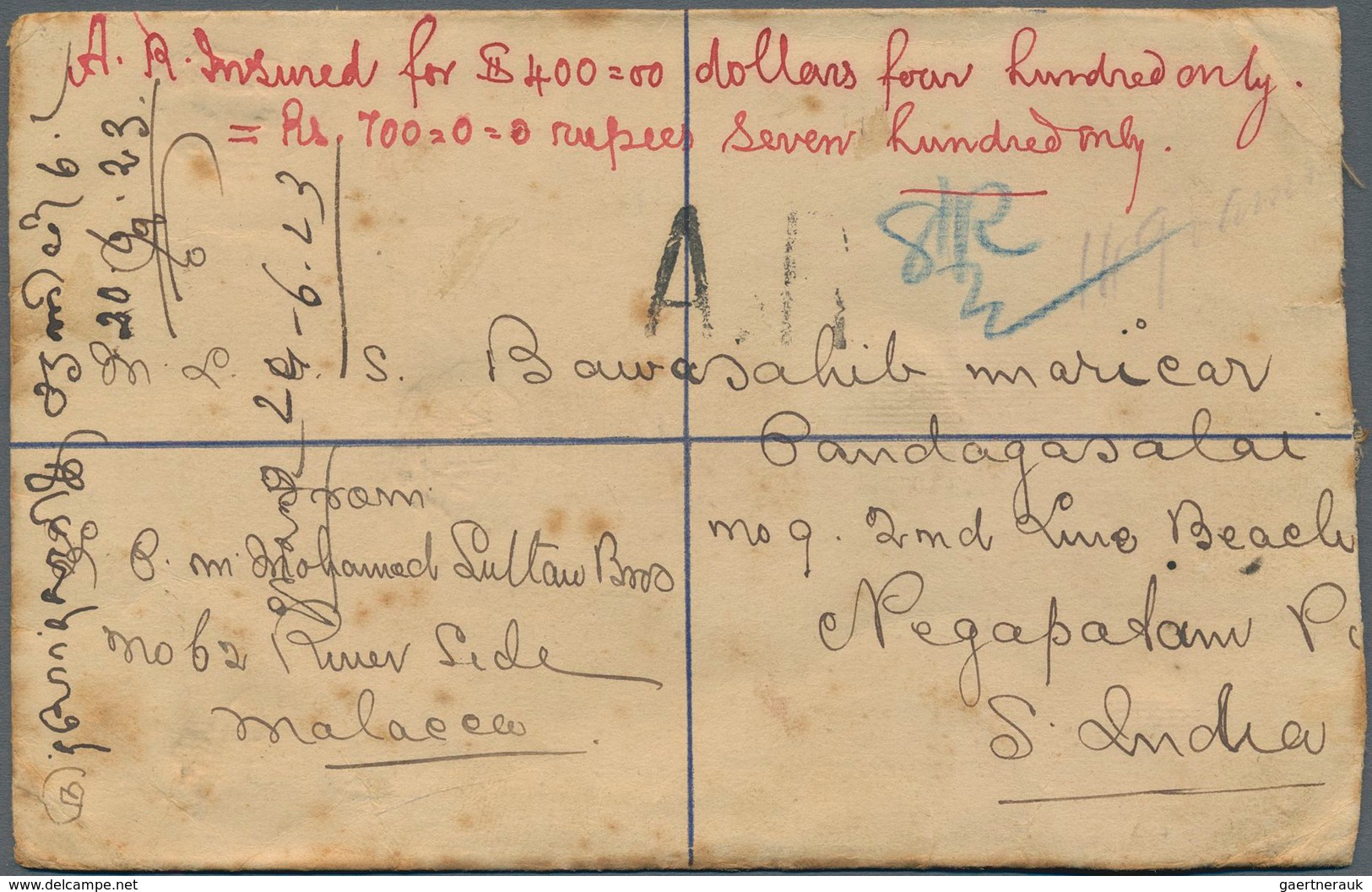 06047 Malaiische Staaten - Malakka: 1923 Insured (for $400) Postal Stationery Registered Envelope Used Wit - Malacca