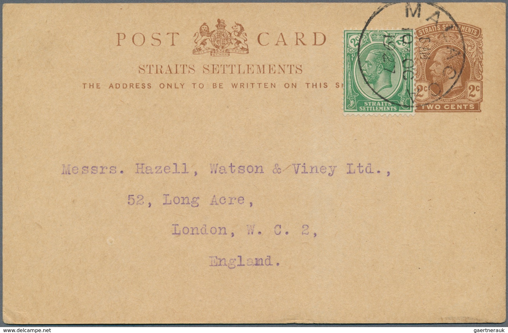 06049 Malaiische Staaten - Malakka: 1927 (10.10.), Straits Settlements Stat. Postcard KGV 2c. Brown Uprate - Malacca