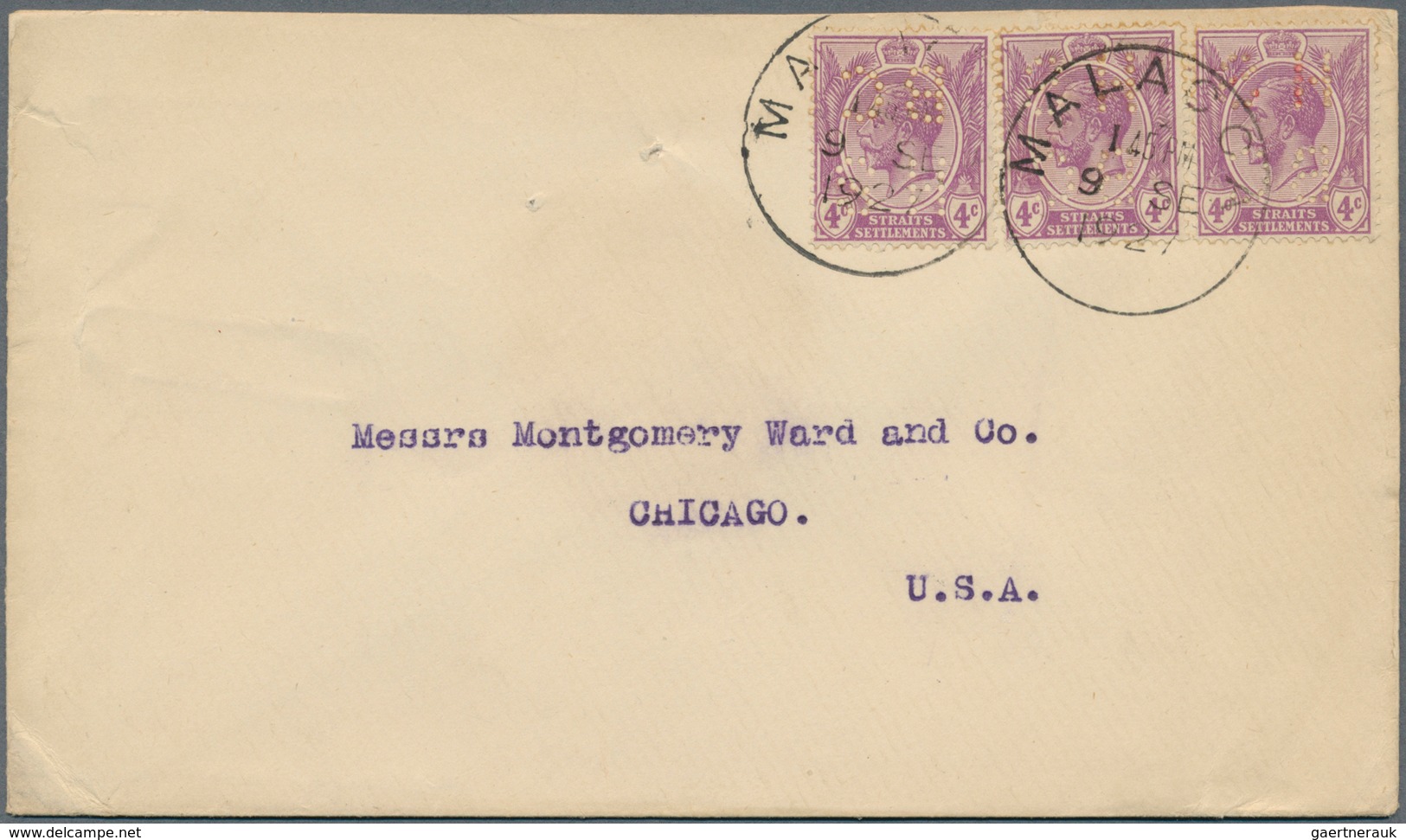 06050 Malaiische Staaten - Malakka: 1927 (9.9.), Straits Settlements KGV 4c. Violet With PRIVATE PERFIN 'H - Malacca