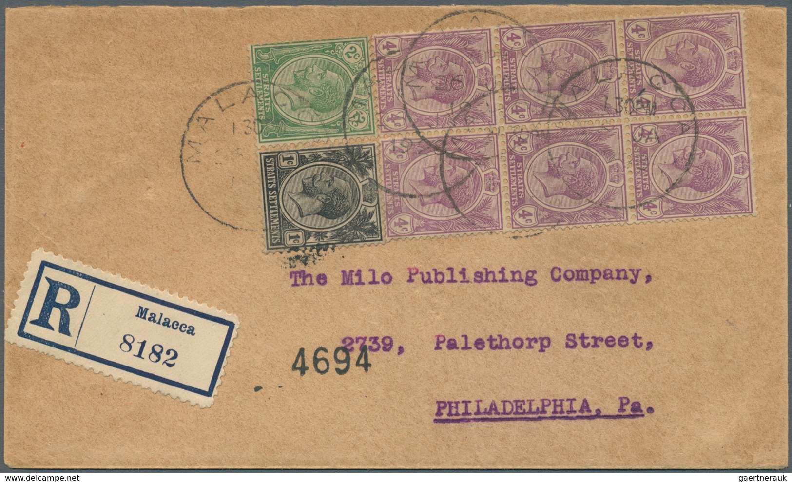 06051 Malaiische Staaten - Malakka: 1928 Registered Cover To Philadelphia, USA Franked By Straits Settleme - Malacca