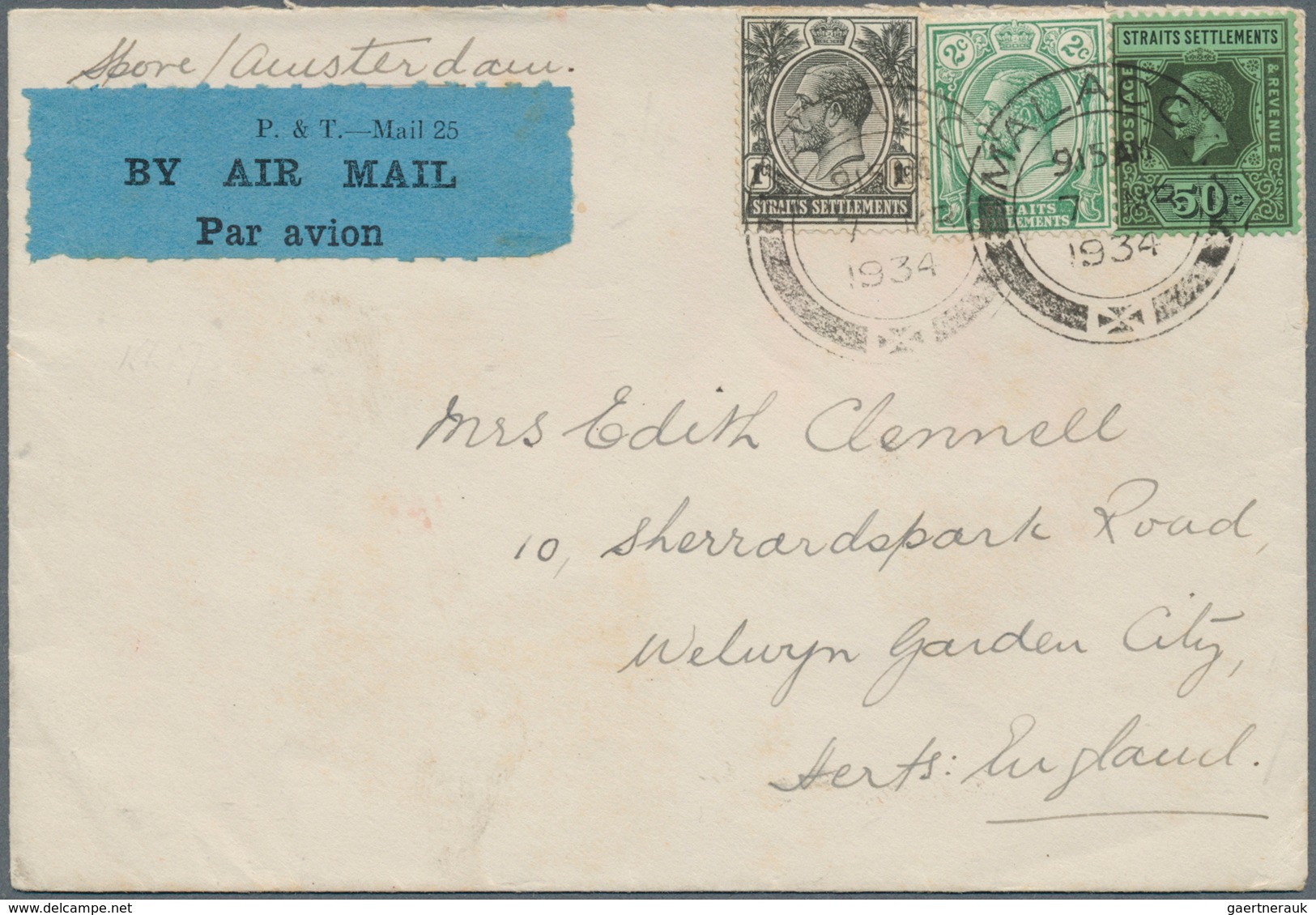 06055 Malaiische Staaten - Malakka: 1934 (7.3.), Airmail Cover Endorsed 'S'pore/Amsterdam' Franked With KG - Malacca