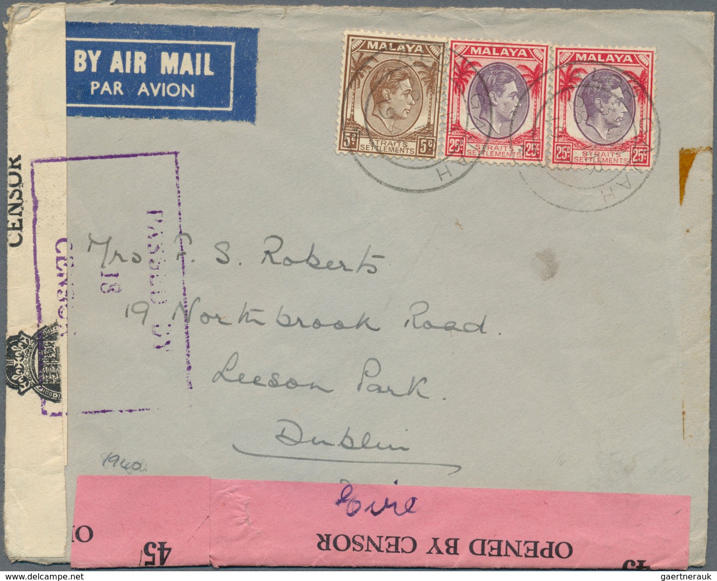 06062 Malaiische Staaten - Malakka: 1940, ALOR GAJAH: Airmail Cover Bearing Straits Settlements KGVI 25c. - Malacca