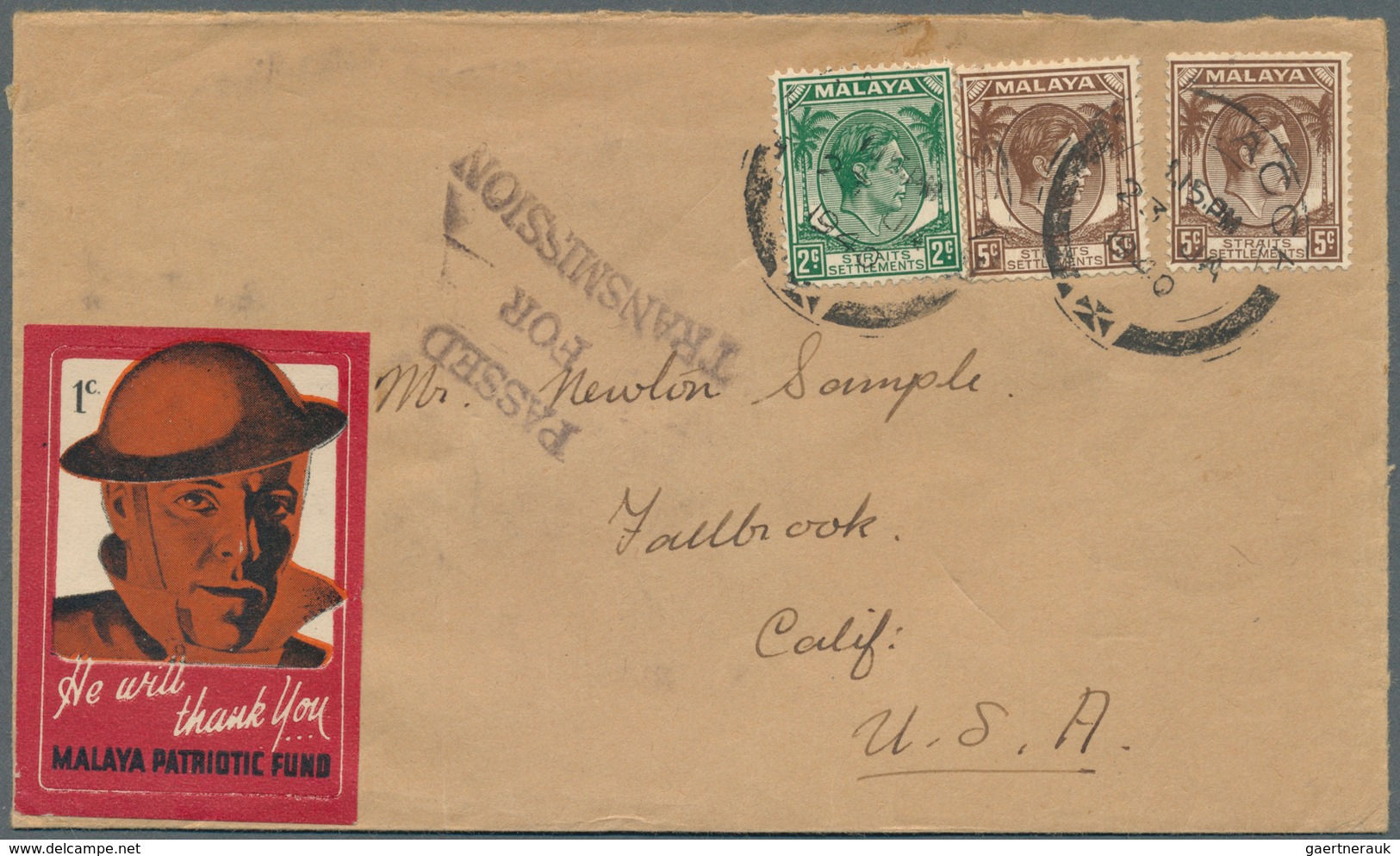 06063 Malaiische Staaten - Malakka: 1940 Cover From Malacca To U.S.A. Franked By Straits KGVI. 2c. Green A - Malacca