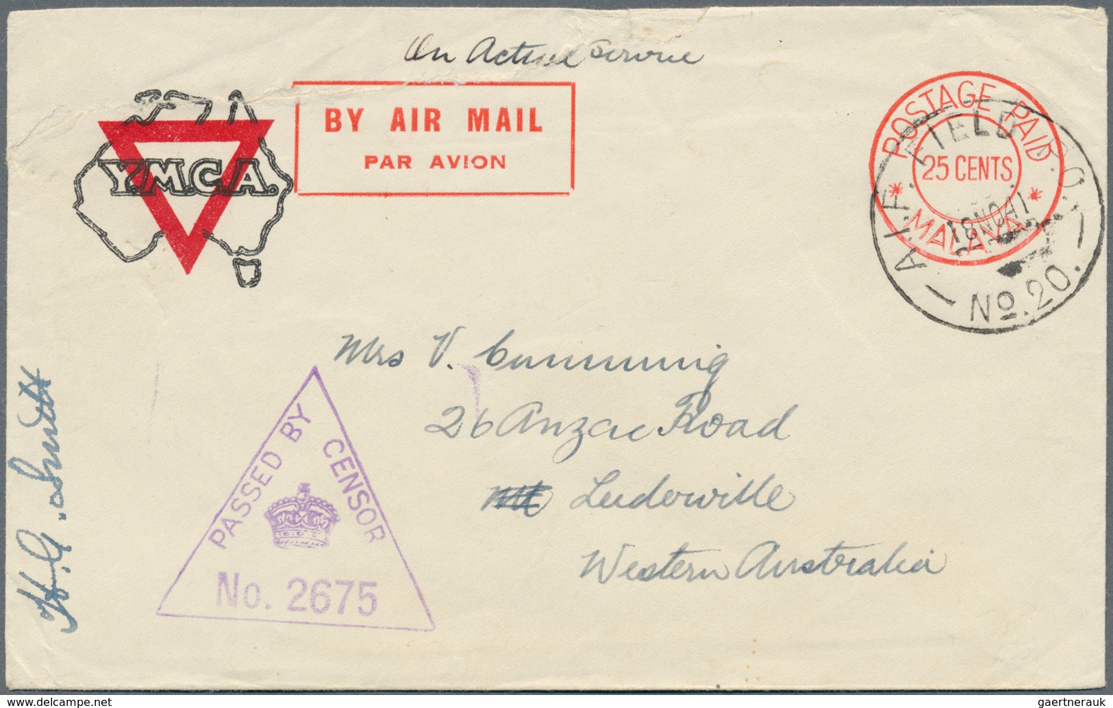 06065 Malaiische Staaten - Malakka: 1941, Two Australia WWII YMCA Airmail Envelopes With Printed Red 'POST - Malacca