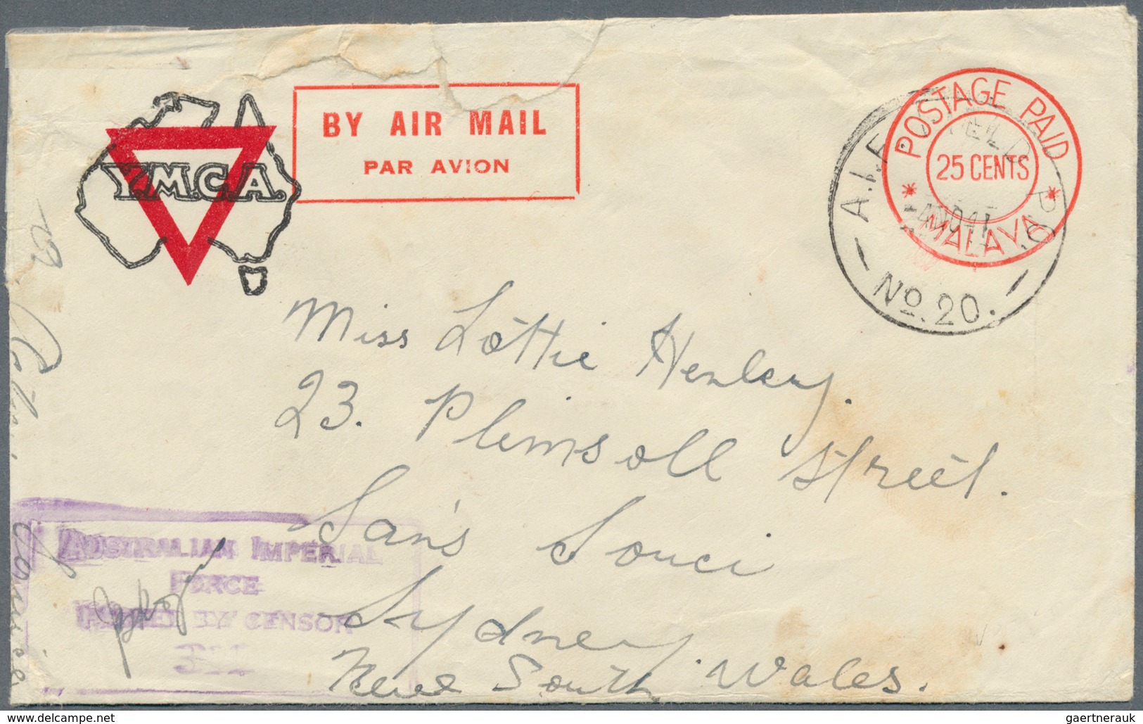 06065 Malaiische Staaten - Malakka: 1941, Two Australia WWII YMCA Airmail Envelopes With Printed Red 'POST - Malacca