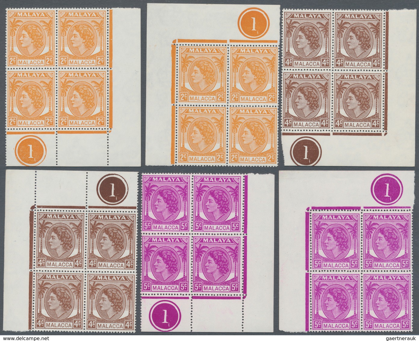 06084 Malaiische Staaten - Malakka: 1954, QEII, 2c., 4c., 5c., 10c., 30c. And 35c., Ten Marginal Block Of - Malacca