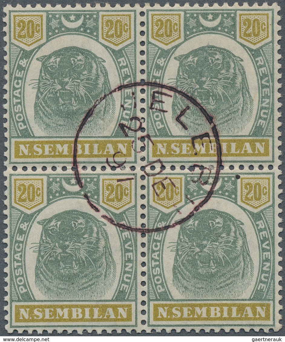 06095 Malaiische Staaten - Negri Sembilan: 1897, Tiger Head 20c. Green/olive Block Of Four With Central 'J - Negri Sembilan