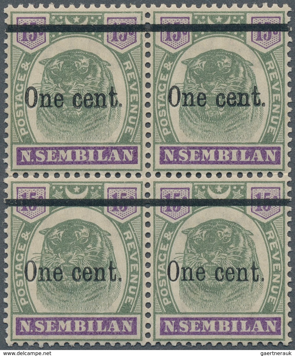 06097 Malaiische Staaten - Negri Sembilan: 1900, Tiger Head 15c. Green/violet Surcharged 'One Cent.' Block - Negri Sembilan