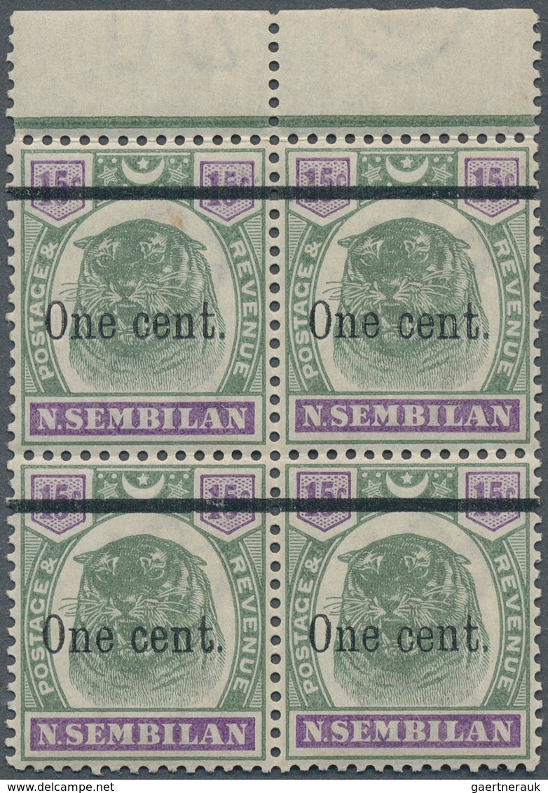 06098 Malaiische Staaten - Negri Sembilan: 1900, Tiger Head 15c. Green/violet Surcharged 'One Cent.' Block - Negri Sembilan