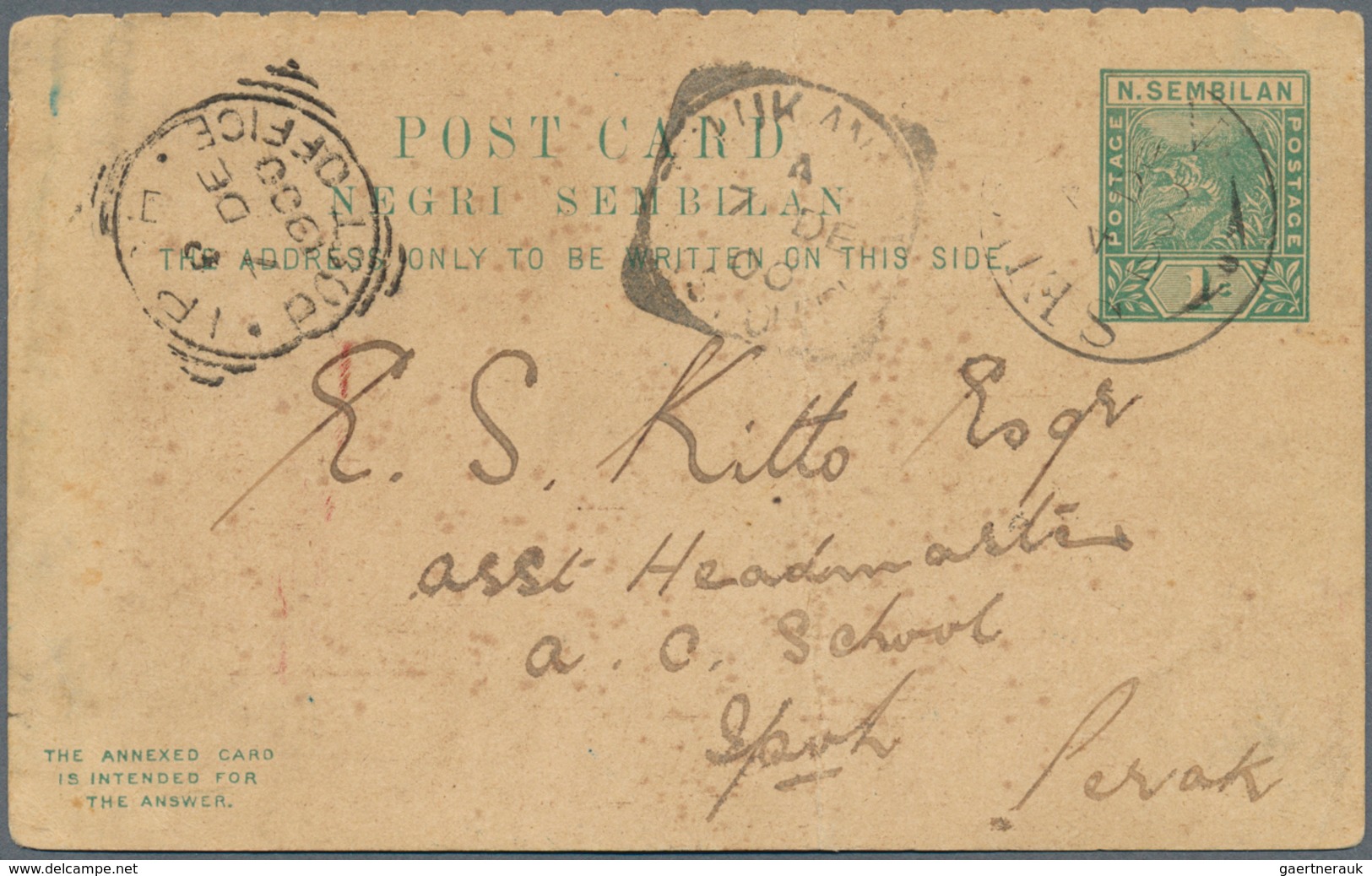 06102 Malaiische Staaten - Negri Sembilan: 1900 (4.12.), Reply Postcard 2c. Tiger Commercially Used From S - Negri Sembilan